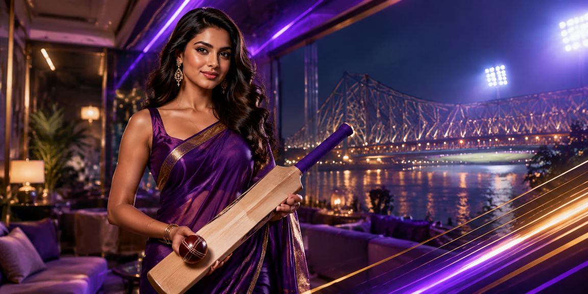 View of Howrah Bridge with neon cricket betting advertisement in Kolkata at night
